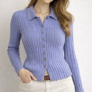 Marion Foale Wool Light Purple Crewneck Long Sleeve Collar Cardigan S